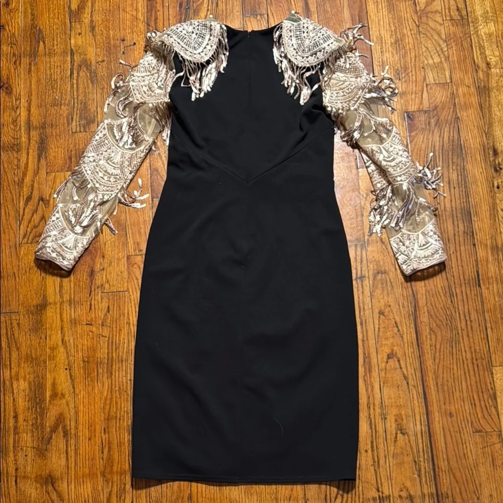 TADASHI SHOJI Women's Alvin Sequin Fringe Statement Sleeves Ruched Black Dress S